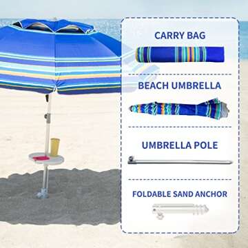 AMMSUN 7ft Heavy Duty High Wind Beach Umbrella Parasols with sand anchor & Tilt Sun Shelter, UV 50+ Protection Outdoor Sunshade Umbrellas Carry Bag for Patio Garden Pool Backyard Stripe Blue