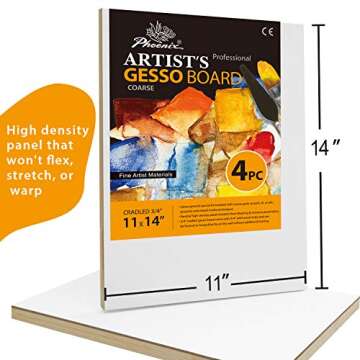 PHOENIX Gesso Boards for Painting - 11x14 Inch / 4 Pack - Coarse Surface 3/4 Inch Cradled Wood Panels for Oil & Acrylic Paints, Crafts & Pouring Art