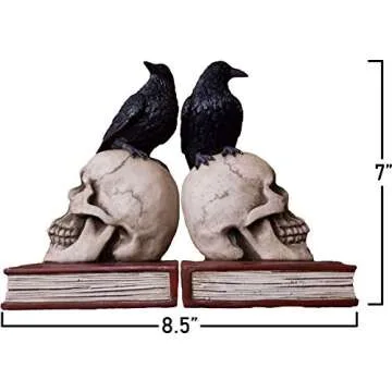 DWK - Murder and Mystery - Ravens on Skulls Bookends Gothic Poe Crow Reading Bookshelf Theme for Your Library Home Décor Book Shelf Accent 8.5 Inches in Length