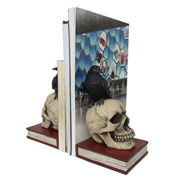 DWK - Murder and Mystery - Ravens on Skulls Bookends Gothic Poe Crow Reading Bookshelf Theme for Your Library Home Décor Book Shelf Accent 8.5 Inches in Length