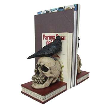 DWK - Murder and Mystery - Ravens on Skulls Bookends Gothic Poe Crow Reading Bookshelf Theme for Your Library Home Décor Book Shelf Accent 8.5 Inches in Length