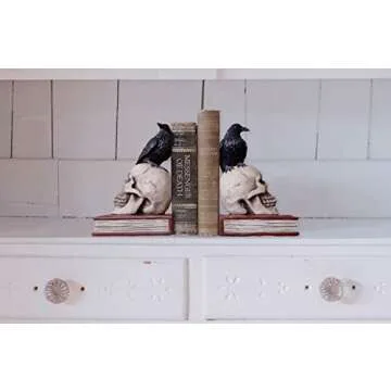 DWK - Murder and Mystery - Ravens on Skulls Bookends Gothic Poe Crow Reading Bookshelf Theme for Your Library Home Décor Book Shelf Accent 8.5 Inches in Length