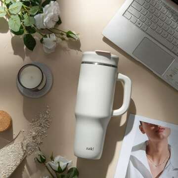 Zak Designs Harmony 2-in-1 Coffee Tumbler for Travel or At Home, 40oz Recycled Stainless Steel is Leak-Proof When Closed and Vacuum Insulated with Handle (Linen White)