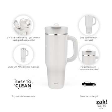 Zak Designs Harmony 2-in-1 Coffee Tumbler for Travel or At Home, 40oz Recycled Stainless Steel is Leak-Proof When Closed and Vacuum Insulated with Handle (Linen White)