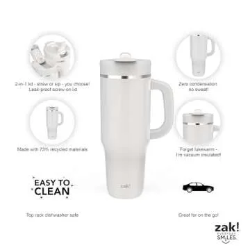 Zak Designs Harmony 2-in-1 Coffee Tumbler for Travel or At Home, 40oz Recycled Stainless Steel is Leak-Proof When Closed and Vacuum Insulated with Handle (Linen White)