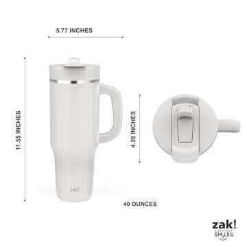 Zak Designs Harmony 2-in-1 Coffee Tumbler for Travel or At Home, 40oz Recycled Stainless Steel is Leak-Proof When Closed and Vacuum Insulated with Handle (Linen White)
