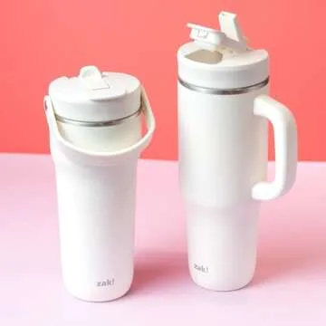 Zak Designs Harmony 2-in-1 Coffee Tumbler for Travel or At Home, 40oz Recycled Stainless Steel is Leak-Proof When Closed and Vacuum Insulated with Handle (Linen White)
