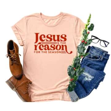 Jesus Is The Reason For The Season Shirt, Christmas Shirts for Women Plus Size, Faith Based Christmas Tshirt, Stocking Stuffers Christian Gifts, Nativity Religious Xmas Gift. RTR1