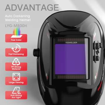 YESWELDER Large Viewing Screen 3.93"X3.66" True Color Solar Power Auto Darkening Welding Helmet, 4 A...