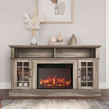 BELLEZE Traditional 58" Rustic TV Stand with 23" Electric Fireplace Heater with Sound, Media Enterta...