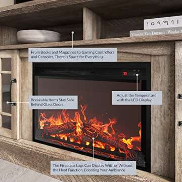 BELLEZE Traditional 58" Rustic TV Stand with 23" Electric Fireplace Heater with Sound, Media Entertainment Center Console Table for TV up to 65" with Open Storage Shelves and Cabinets - Ashland Pine