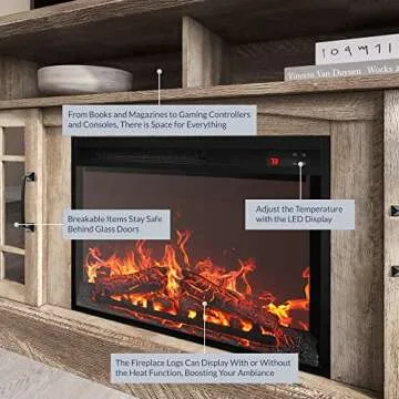 BELLEZE Traditional 58" Rustic TV Stand with 23" Electric Fireplace Heater with Sound, Media Entertainment Center Console Table for TV up to 65" with Open Storage Shelves and Cabinets - Ashland Pine
