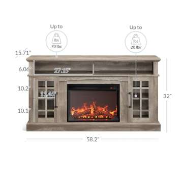 BELLEZE Traditional 58" Rustic TV Stand with 23" Electric Fireplace Heater with Sound, Media Entertainment Center Console Table for TV up to 65" with Open Storage Shelves and Cabinets - Ashland Pine