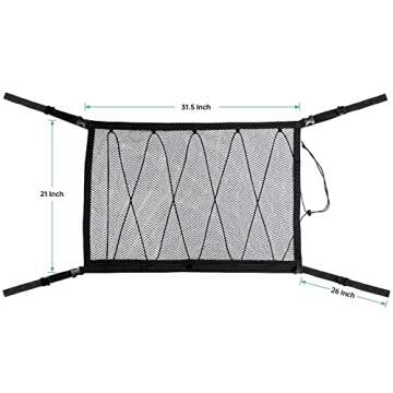 Kaskawise Car Ceiling Cargo Net Pocket,31"x21" Adjustable Double-Layer Mesh SUV Roof Organizer Long Trip Ceiling Storage Net,Car Camping Cargo Net for Car,SUV,Van Life Accessories