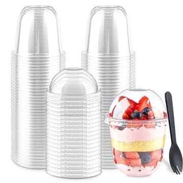 Zezzxu 50 Pack 12 oz Clear Plastic Dessert Cups with Dome Lids (No Hole) and Sporks, Disposable Yogu...