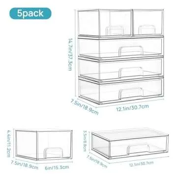 Vtopmart Stackable Storage Drawers Set of 5,Clear Plastic Organizer Bins for Makeup, Cosmetics, Beauty Supplies,Ideal for Vanity, Bathroom,Cabinet,Pantry Organization