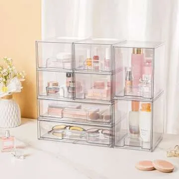 Vtopmart Stackable Storage Drawers Set of 5,Clear Plastic Organizer Bins for Makeup, Cosmetics, Beauty Supplies,Ideal for Vanity, Bathroom,Cabinet,Pantry Organization