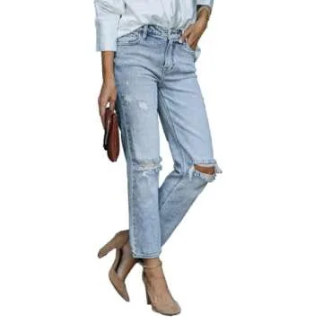Lesore Womens Jeans High Waist Stretch Ripped Distressed Jeans Destroyed Denim Jeans Straight Leg Blue Size 30