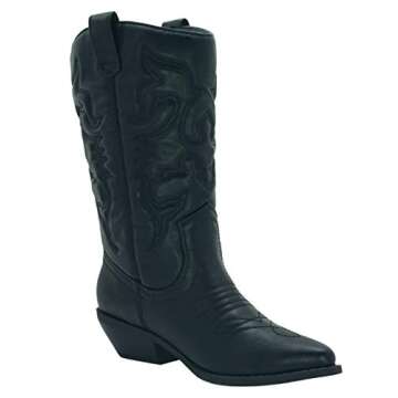Soda RENO ~ Women Western Cowboy Stitched Pointe Toe Low Heel Ankle Mid Shaft Fashion Boots (Black, numeric_7_point_5)