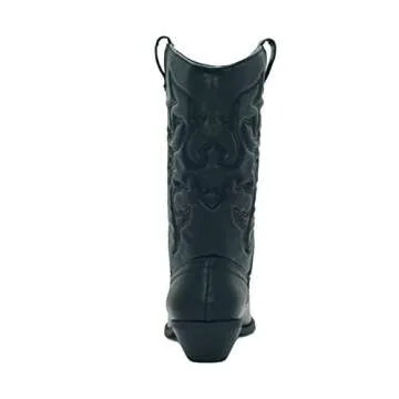 Soda RENO ~ Women Western Cowboy Stitched Pointe Toe Low Heel Ankle Mid Shaft Fashion Boots (Black, numeric_7_point_5)