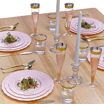 SILVER SPOONS Vintage Design Disposable Dinner Plates For Party (10 Pc) Heavy Duty Disposable Dinner Set 10”, Fine Dining Plastic Dishes For Elegant China Look, Great for Celebrations & Events - Blush