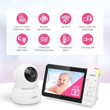VTech VM924 5" Screen Remote Pan-Tilt-Zoom Baby Monitor with Camera&Audio,Up to 31Hrs Battery for Audio&17Hrs Video Streaming, Long Range Up to 1000ft,Night Vision,Soothing Sound,Temperature Sensor