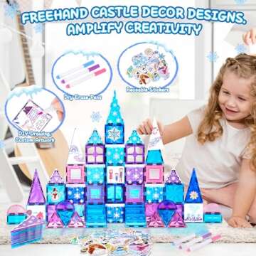 145pcs Frozen Castle Magnetic Tiles Set with Magnetic Doodle Kit, Frozen Toys for Girls 3 4-7,8-12, Diamond Magnetic Toys Include Stairs Dolls Decals Stickers,3 4 5 6 7 8+ Girls Birthday Xmas Gifts