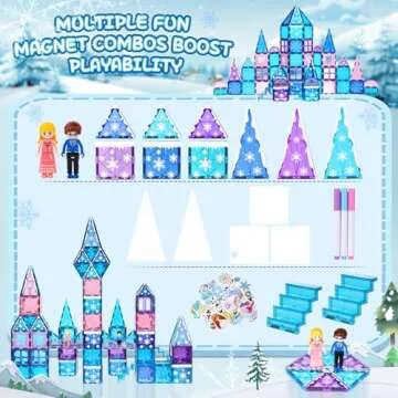 145pcs Frozen Castle Magnetic Tiles Set with Magnetic Doodle Kit, Frozen Toys for Girls 3 4-7,8-12, Diamond Magnetic Toys Include Stairs Dolls Decals Stickers,3 4 5 6 7 8+ Girls Birthday Xmas Gifts