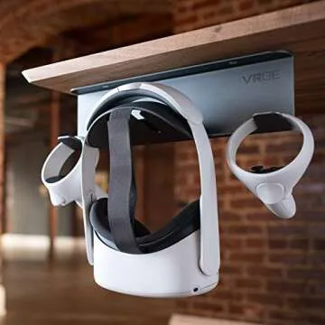 VRGE VR Stand Under Desk Storage Display Hook Organizer - Premium Metal - for Meta Oculus Quest 3/2, Sony PlayStation PS5 VR2, Valve Index and Mixed Reality Headsets