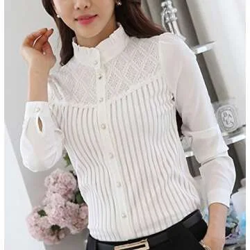Womens Vintage Victorian Pleated Button Down Shirt Long Sleeve Stretch Blouse Stand Up White 12