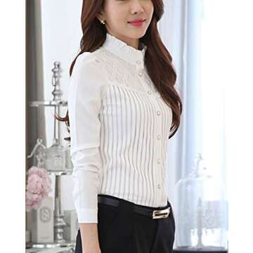 Womens Vintage Victorian Pleated Button Down Shirt Long Sleeve Stretch Blouse Stand Up White 12