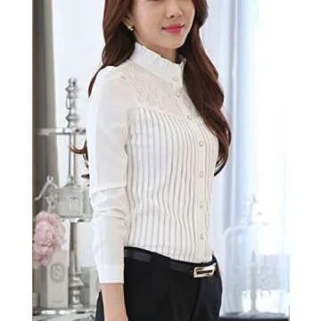 Womens Vintage Victorian Pleated Button Down Shirt Long Sleeve Stretch Blouse Stand Up White 12