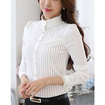 Womens Vintage Victorian Pleated Button Down Shirt Long Sleeve Stretch Blouse Stand Up White 12