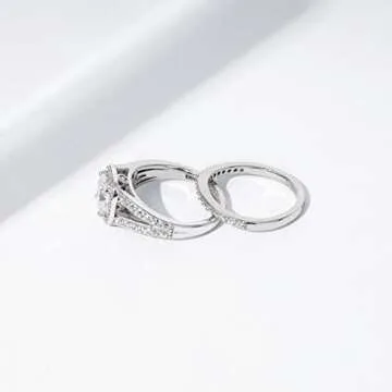 Amazon Essentials Sterling Silver Platinum Plated Infinite Elements Cubic Zirconia Cushion Halo Ring, Size 6, (previously Amazon Collection)