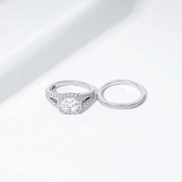 Amazon Essentials Sterling Silver Platinum Plated Infinite Elements Cubic Zirconia Cushion Halo Ring, Size 6, (previously Amazon Collection)