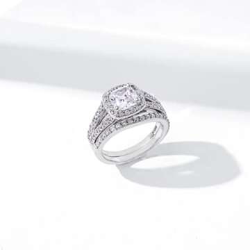 Amazon Essentials Sterling Silver Platinum Plated Infinite Elements Cubic Zirconia Cushion Halo Ring, Size 6, (previously Amazon Collection)