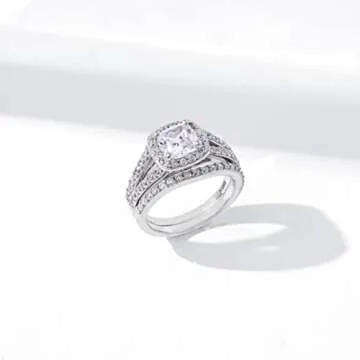 Amazon Essentials Sterling Silver Platinum Plated Infinite Elements Cubic Zirconia Cushion Halo Ring, Size 6, (previously Amazon Collection)