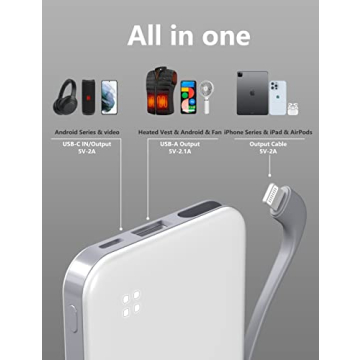 Ultra Slim 6000mAh Power Bank with Built-in USB C Cords
