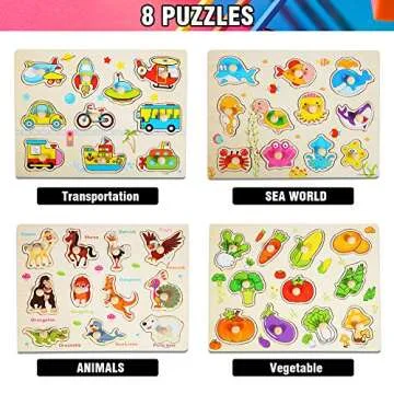 8PACK Wooden Peg Puzzles for Kids - Engaging Educational Toys
