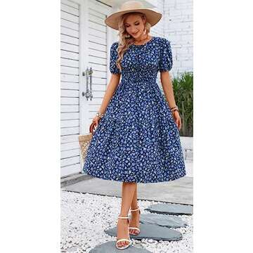 Kormei Women Summer Casual Boho Floral Round Neck Short Sleeve Midi Dress
