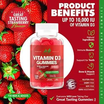 Vitamin D3 5000IU / 10,000IU Gummies for Adults & Kids (120 Count) - Maximum Strength Support for Immune System, Bones & Teeth - Gluten-Free, Non-GMO, Great Tasting Strawberry Flavor - 4 Month Supply