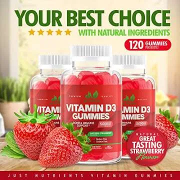 Vitamin D3 5000IU / 10,000IU Gummies for Adults & Kids (120 Count) - Maximum Strength Support for Immune System, Bones & Teeth - Gluten-Free, Non-GMO, Great Tasting Strawberry Flavor - 4 Month Supply