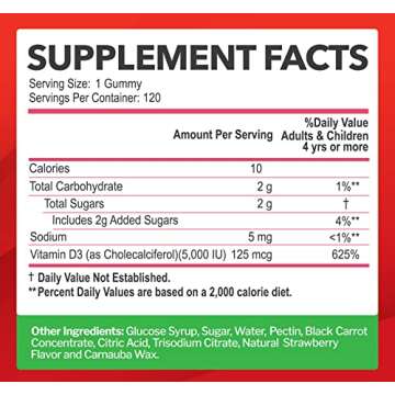 Vitamin D3 5000IU / 10,000IU Gummies for Adults & Kids (120 Count) - Maximum Strength Support for Immune System, Bones & Teeth - Gluten-Free, Non-GMO, Great Tasting Strawberry Flavor - 4 Month Supply