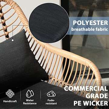 JOIVI 5 Piece Wicker Patio Furniture Set, Rattan Outdoor Bistro Set with 2 Ottomans and Coffee Side Table, Small Patio Conversation Set for Balcony, Front Porch, Garden, Backyard, Black