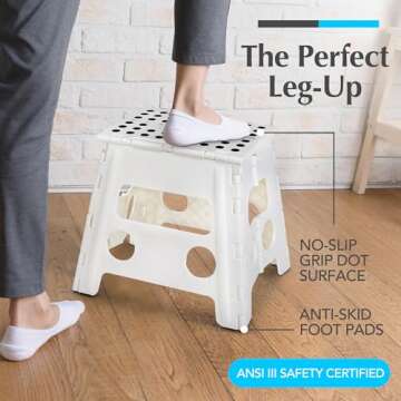 Handy Laundry Folding Lightweight Step Stool is Sturdy Enough to Support Adults and Safe Enough for Kids. Opens Easy with One Flip. Great for Kitchen, Bathroom or Bedroom. (White - 13 inch)