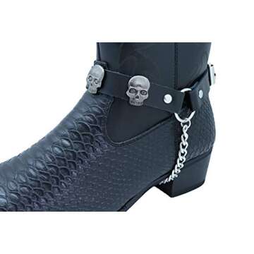 Men Biker Western Fashion Boot Bracelets Black Color Straps Pair Silver Metal Chains Skeleton Skull ...
