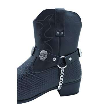 Men Biker Western Fashion Boot Bracelets Black Color Straps Pair Silver Metal Chains Skeleton Skull Shoe Anklet Charms