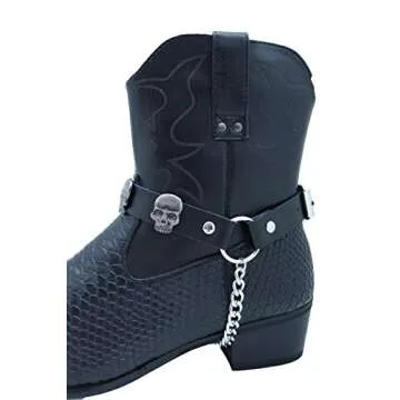 Men Biker Western Fashion Boot Bracelets Black Color Straps Pair Silver Metal Chains Skeleton Skull Shoe Anklet Charms