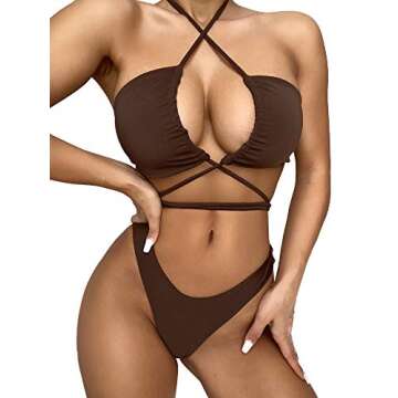 SOLY HUX Women's Criss Cross Halter Tie Back Bikini Bathing Suit 2 Piece Swimsuits Coffee Brown M
