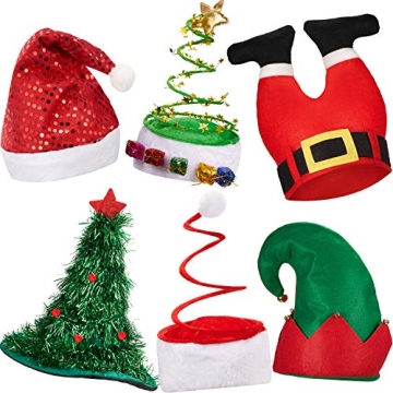 Syhood 6 Pieces Christmas Hats Santa Xmas Hat Christmas Tree Hat Cap Elf Hat Coil Santa Hat for Adul...